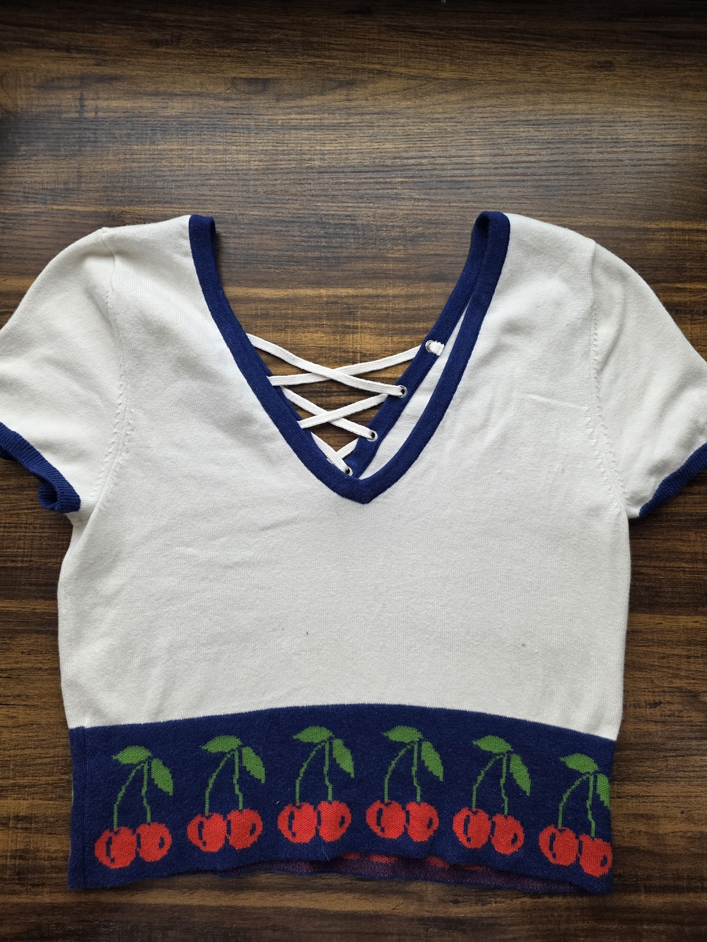Urban Outfitters White Lace-Up V-Neck Crop Top with Navy & Cherry Border